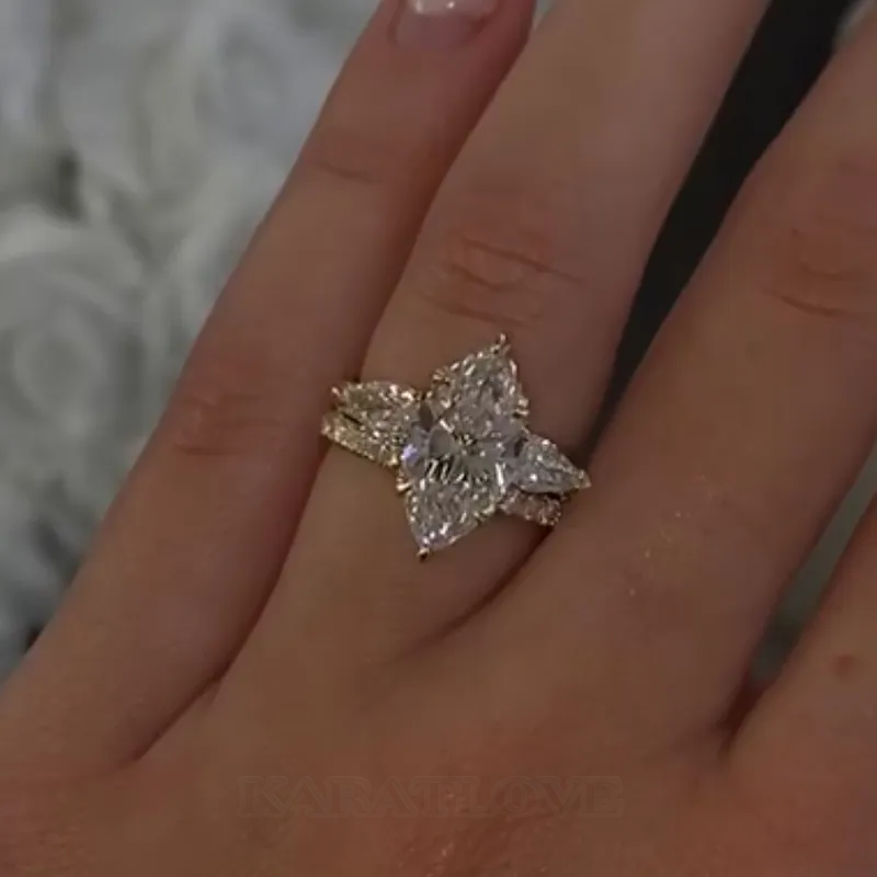 Marquise Cut Diamond White Sterling Silver Yellow Gold Insert Wedding Ring Set