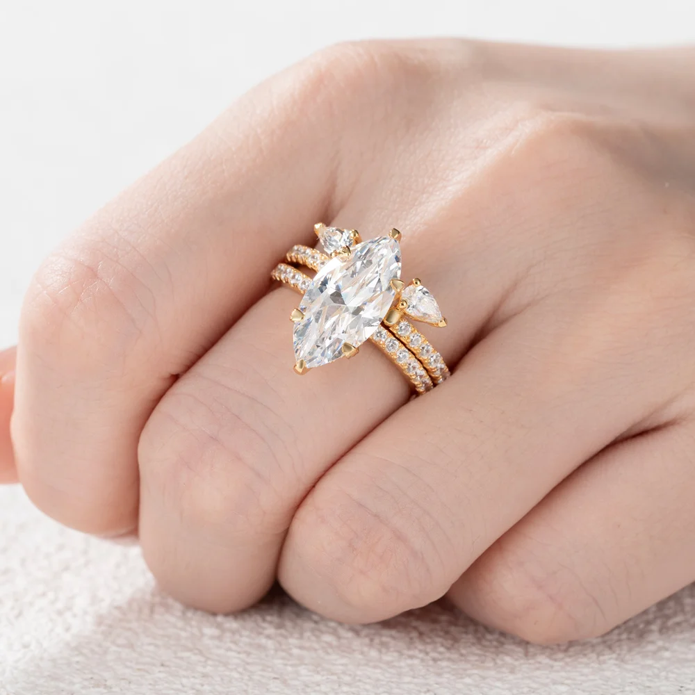 Marquise Cut Diamond White Sterling Silver Yellow Gold Insert Wedding Ring Set