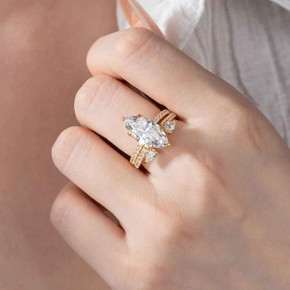 Marquise Cut Diamond White Sterling Silver Yellow Gold Insert Wedding Ring Set