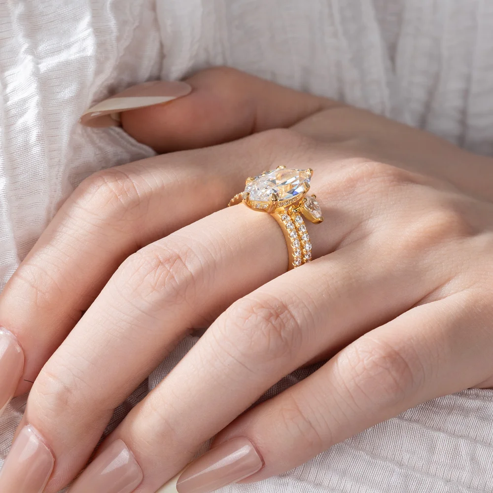 Marquise Cut Diamond White Sterling Silver Yellow Gold Insert Wedding Ring Set