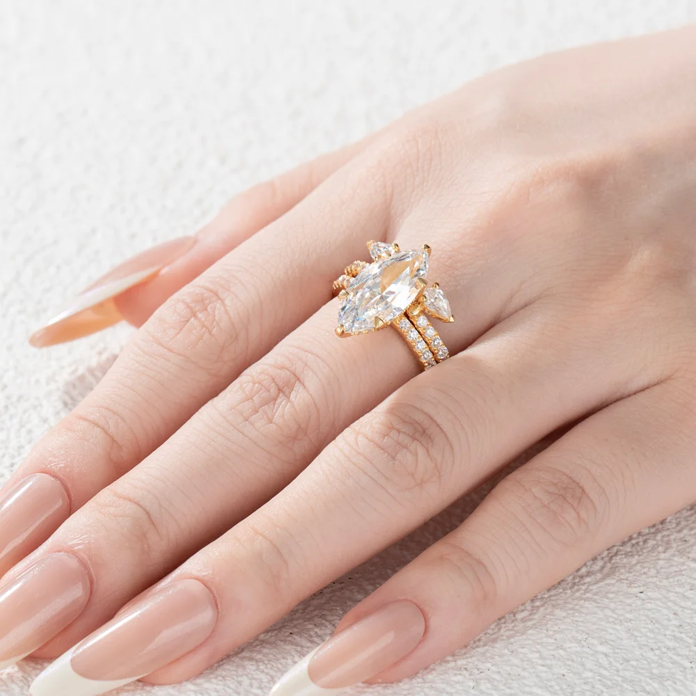 Marquise Cut Diamond White Sterling Silver Yellow Gold Insert Wedding Ring Set