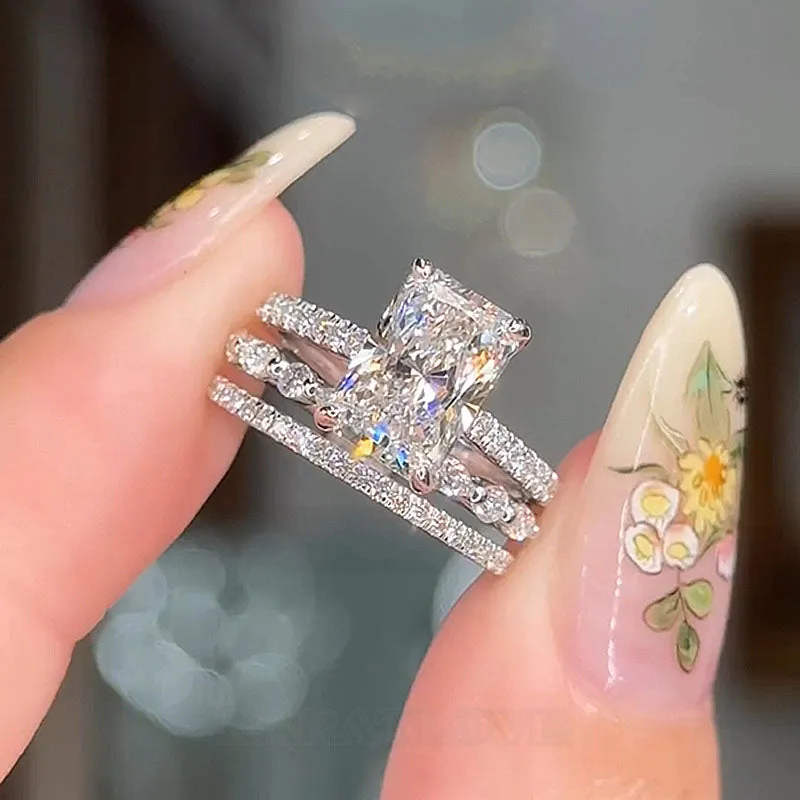 Radiant Cut Diamond White Sterling Silver Available in 3 Colours 3-Piece Wedding Ring Set