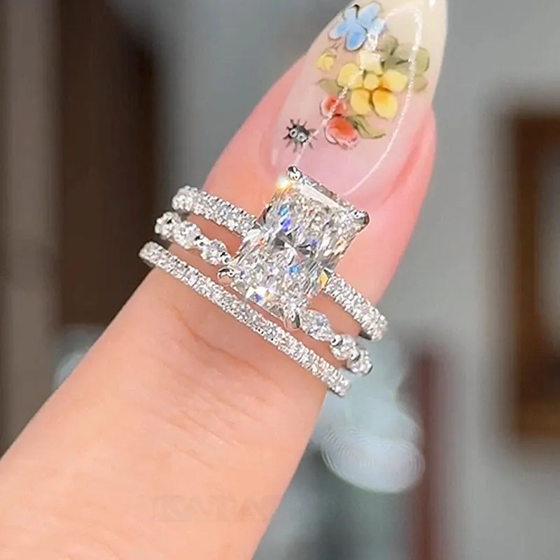 Radiant Cut Diamond White Sterling Silver Available in 3 Colours 3-Piece Wedding Ring Set