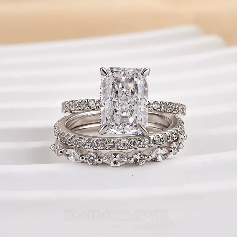 Radiant Cut Diamond White Sterling Silver Available in 3 Colours 3-Piece Wedding Ring Set
