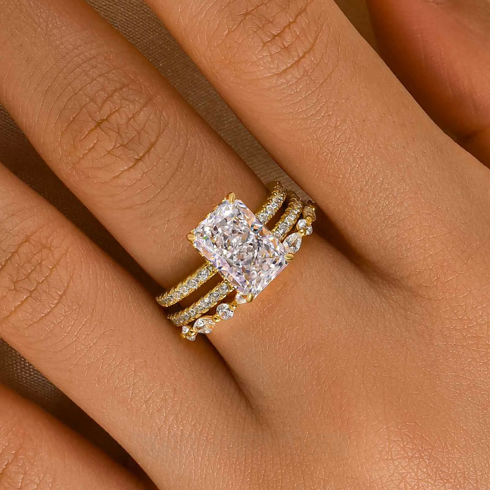 Radiant Cut Diamond White Sterling Silver Available in 3 Colours 3-Piece Wedding Ring Set