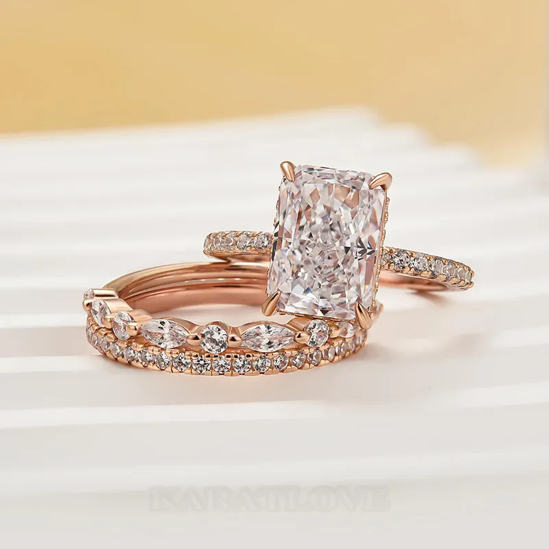 Radiant Cut Diamond White Sterling Silver Available in 3 Colours 3-Piece Wedding Ring Set