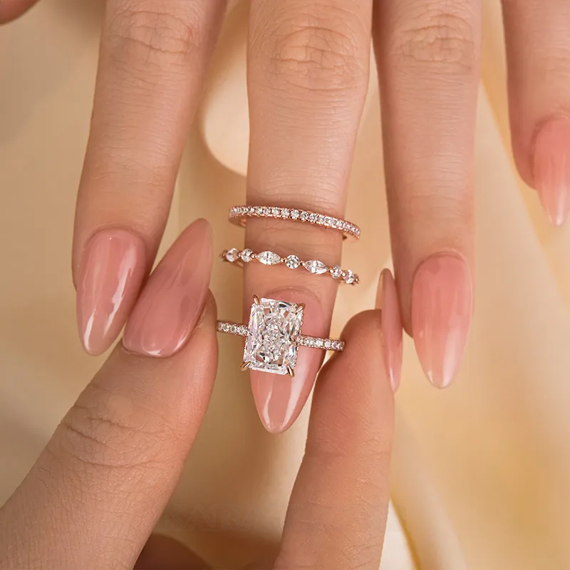 Radiant Cut Diamond White Sterling Silver Available in 3 Colours 3-Piece Wedding Ring Set