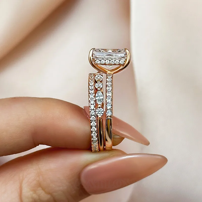 Radiant Cut Diamond White Sterling Silver Available in 3 Colours 3-Piece Wedding Ring Set