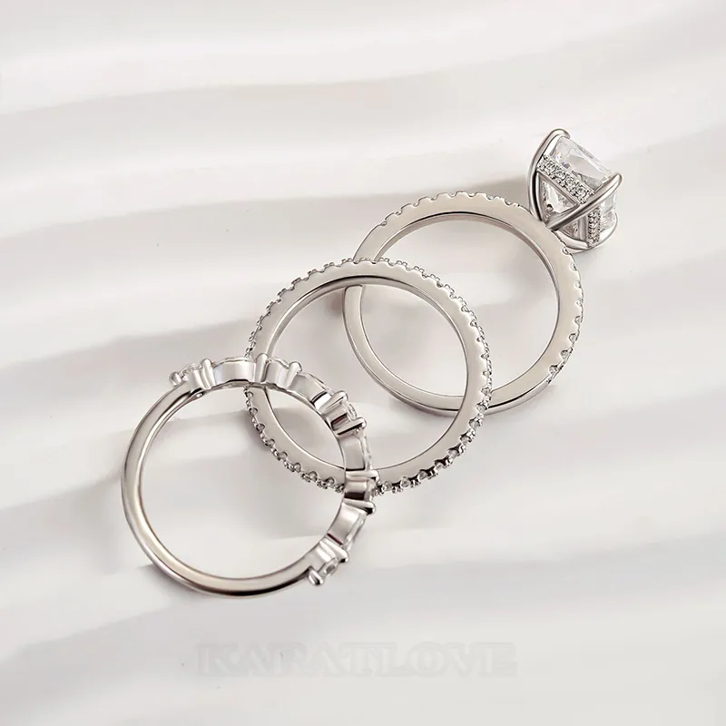 Radiant Cut Diamond White Sterling Silver Available in 3 Colours 3-Piece Wedding Ring Set