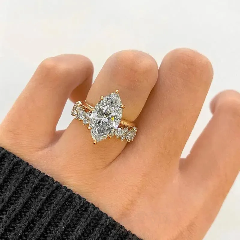 Marquise Cut Diamond White Sterling Silver Available in 3 Colours Halo Wedding Ring Set