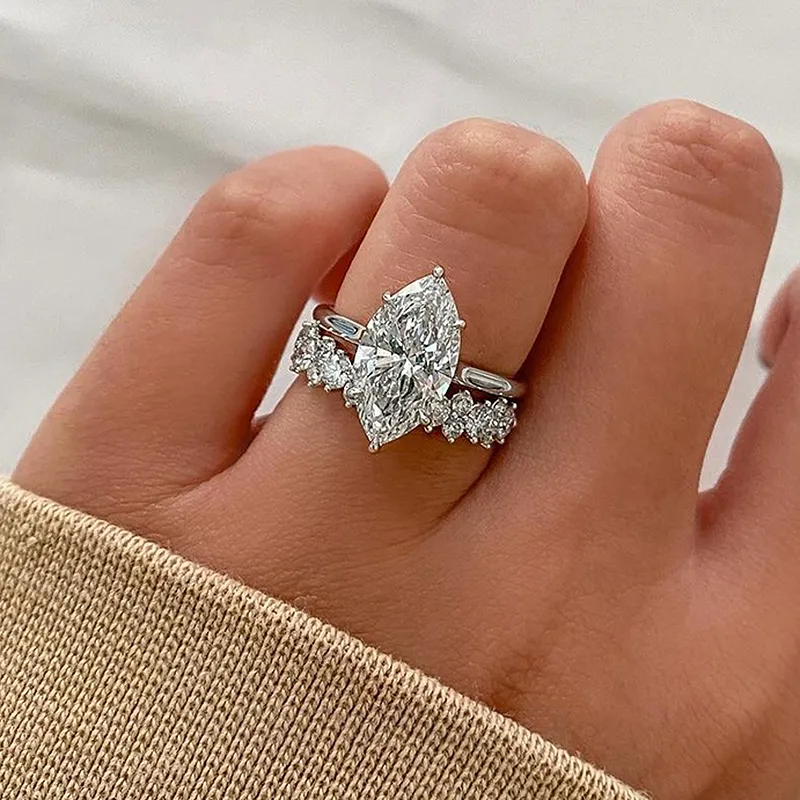 Marquise Cut Diamond White Sterling Silver Available in 3 Colours Halo Wedding Ring Set