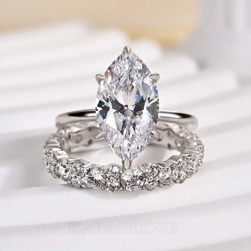 Marquise Cut Diamond White Sterling Silver Available in 3 Colours Halo Wedding Ring Set