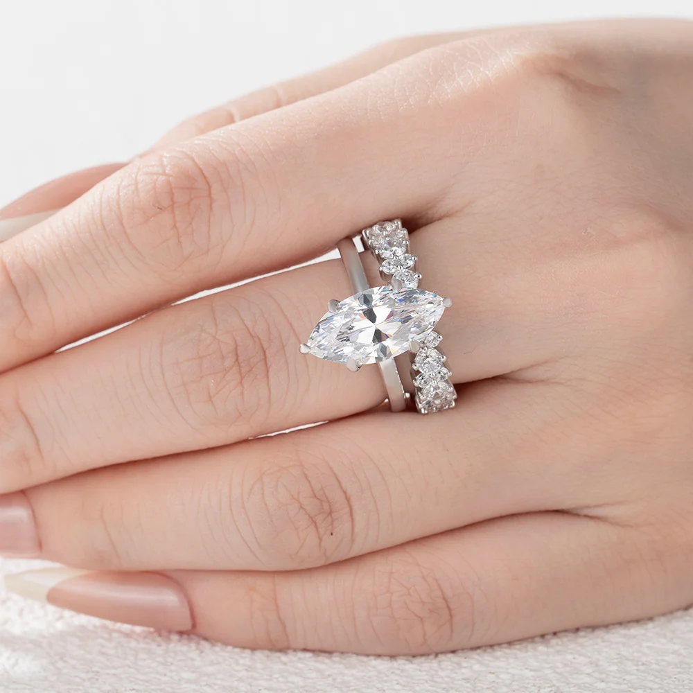 Marquise Cut Diamond White Sterling Silver Available in 3 Colours Halo Wedding Ring Set