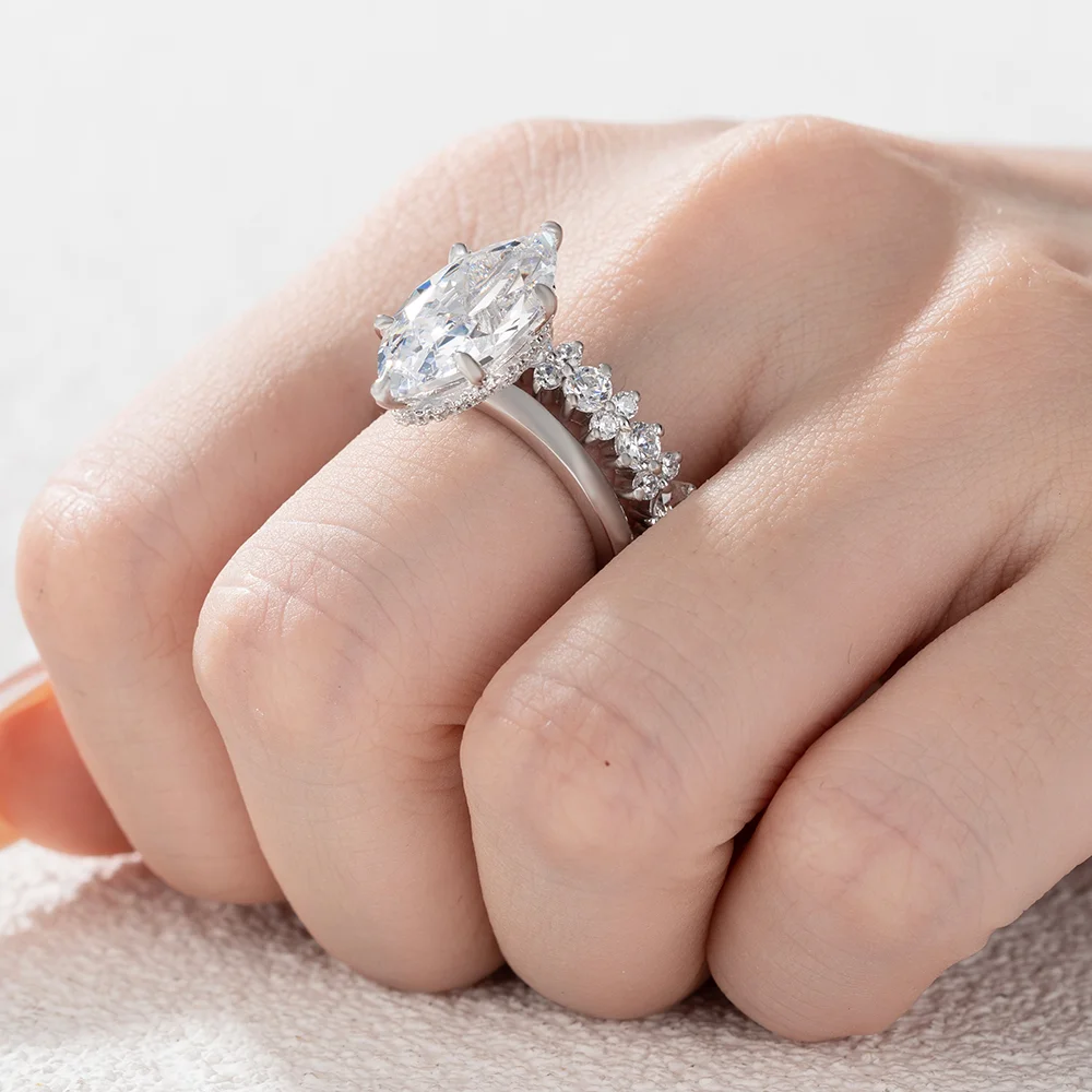 Marquise Cut Diamond White Sterling Silver Available in 3 Colours Halo Wedding Ring Set