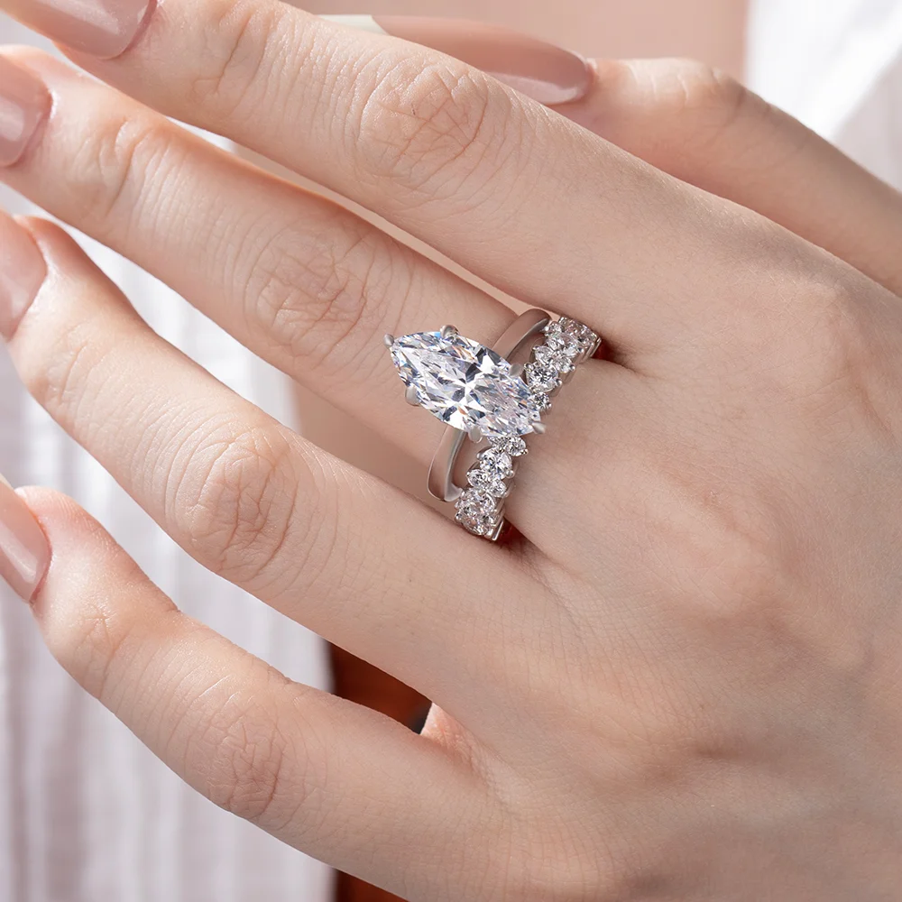 Marquise Cut Diamond White Sterling Silver Available in 3 Colours Halo Wedding Ring Set