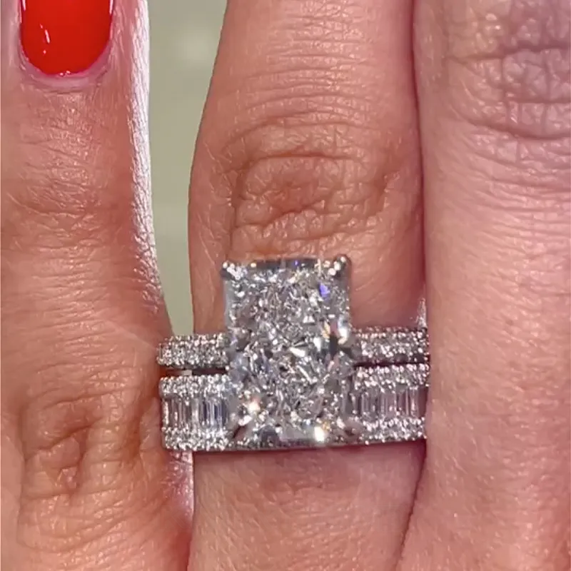 Radiant Cut Diamond White Sterling Silver Available in 3 Colours Wedding Ring Set