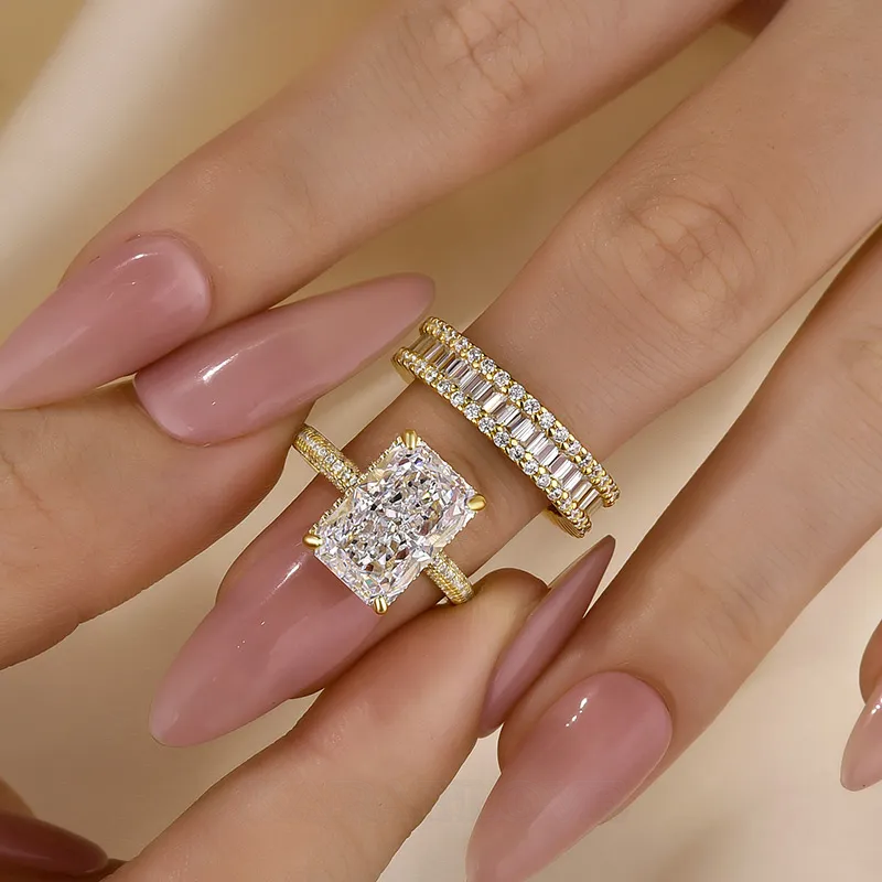 Radiant Cut Diamond White Sterling Silver Available in 3 Colours Wedding Ring Set