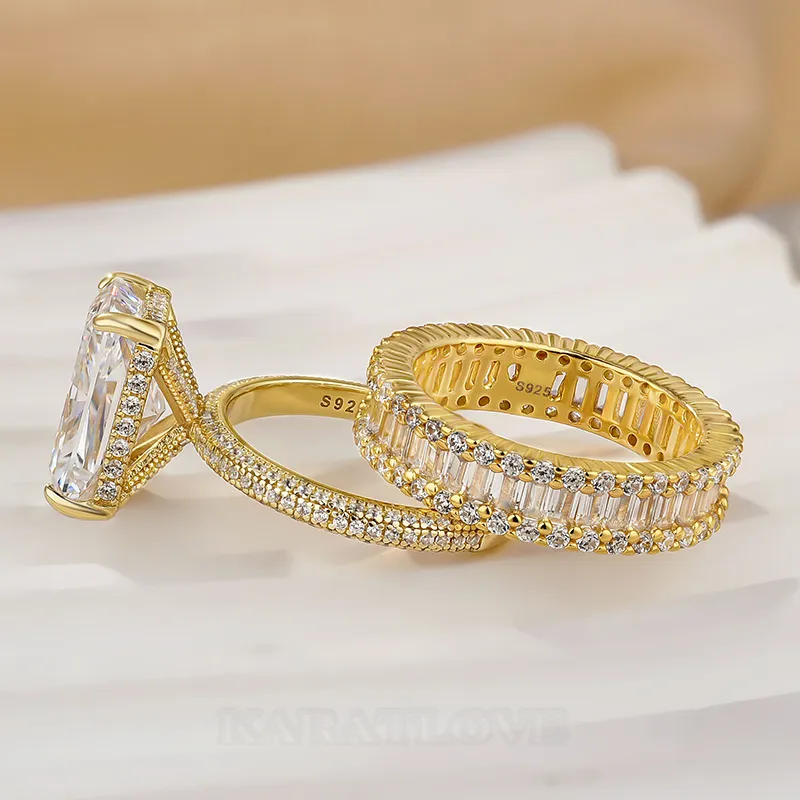 Radiant Cut Diamond White Sterling Silver Available in 3 Colours Wedding Ring Set