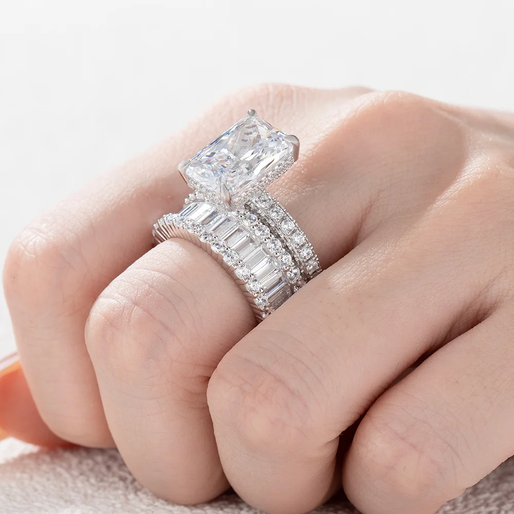 Radiant Cut Diamond White Sterling Silver Available in 3 Colours Wedding Ring Set