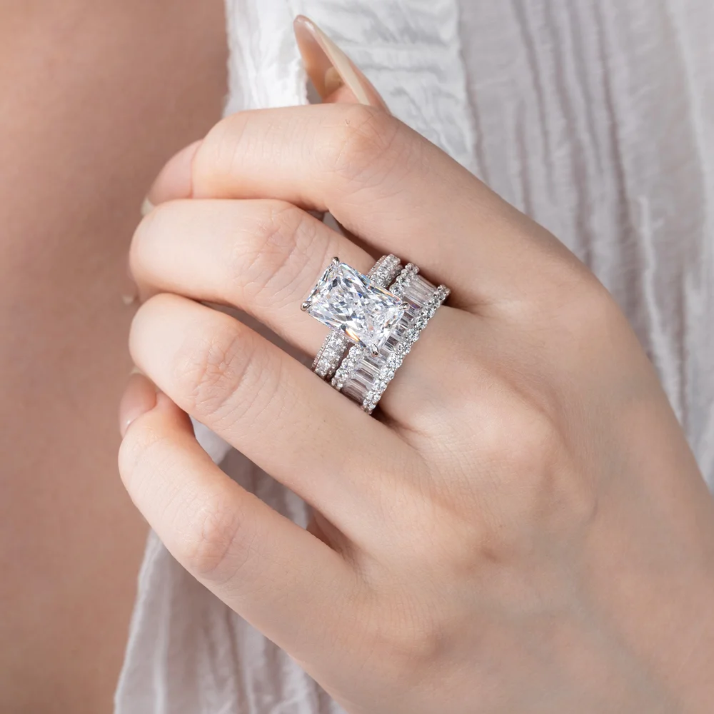 Radiant Cut Diamond White Sterling Silver Available in 3 Colours Wedding Ring Set