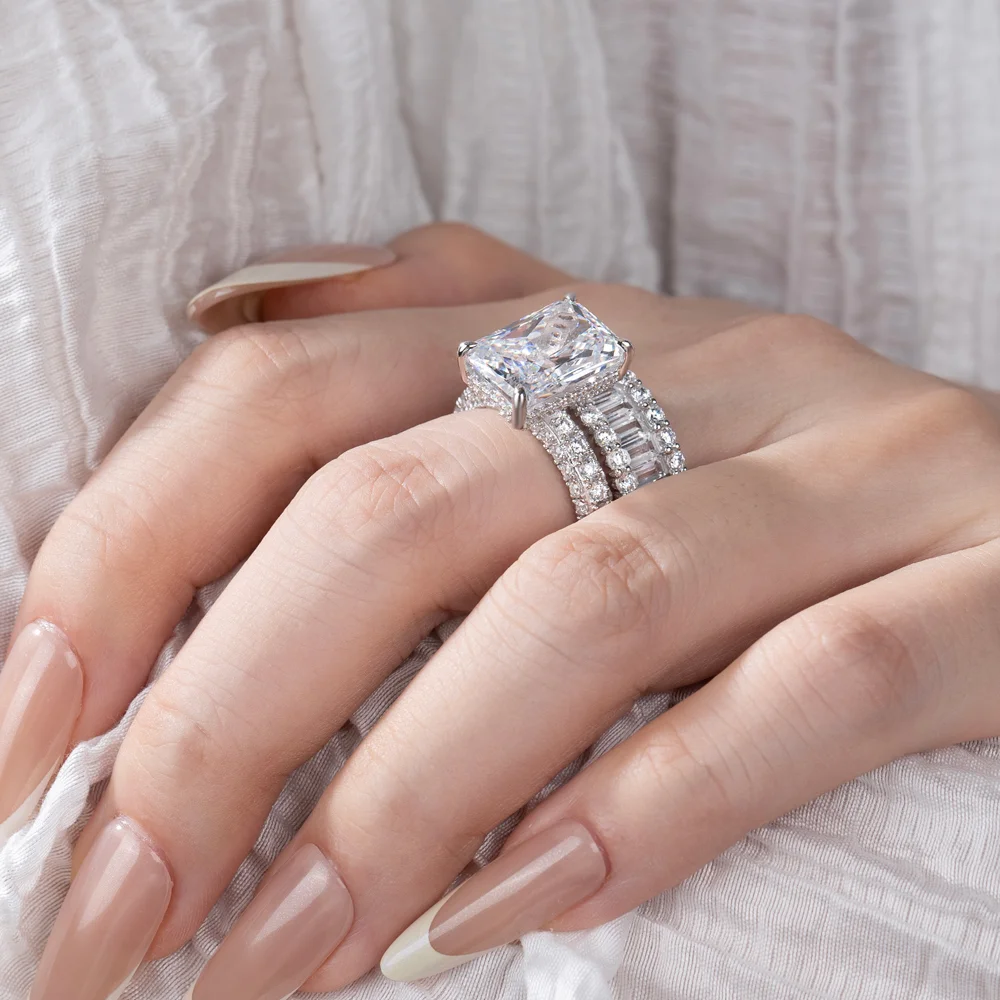 Radiant Cut Diamond White Sterling Silver Available in 3 Colours Wedding Ring Set