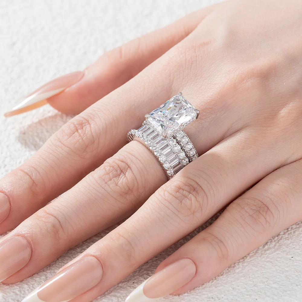 Radiant Cut Diamond White Sterling Silver Available in 3 Colours Wedding Ring Set