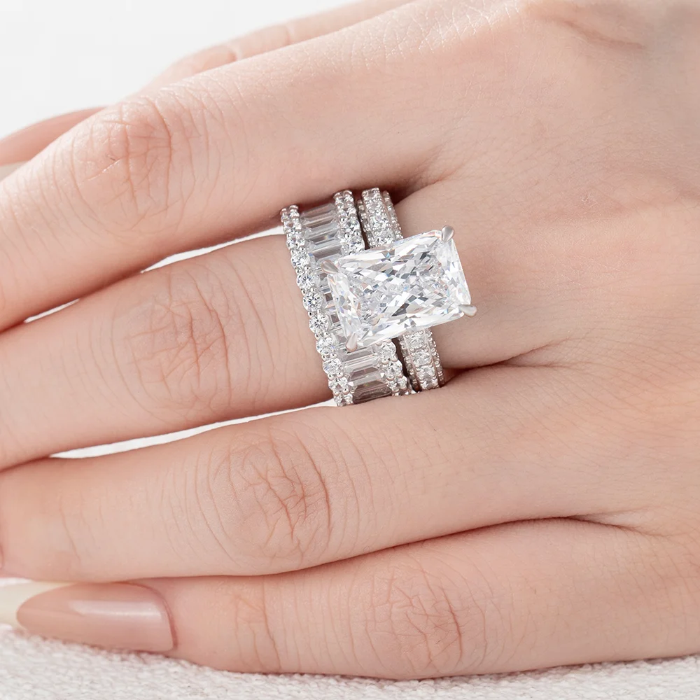 Radiant Cut Diamond White Sterling Silver Available in 3 Colours Wedding Ring Set