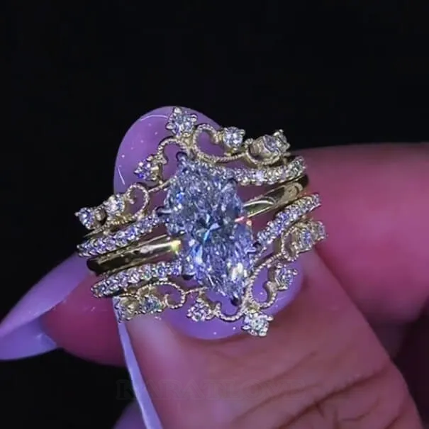 Marquise Cut Diamond White Yellow Gold Sterling Silver Insert Wedding Ring Set