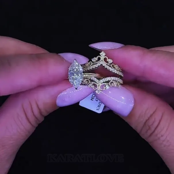 Marquise Cut Diamond White Yellow Gold Sterling Silver Insert Wedding Ring Set