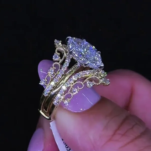 Marquise Cut Diamond White Yellow Gold Sterling Silver Insert Wedding Ring Set