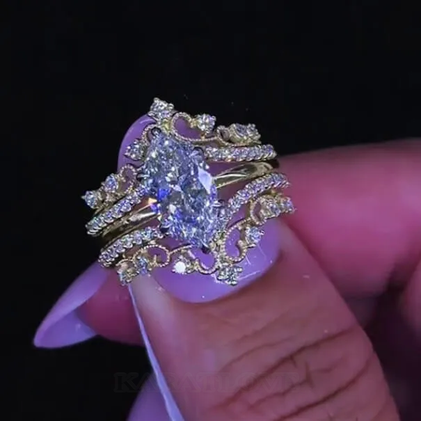 Marquise Cut Diamond White Yellow Gold Sterling Silver Insert Wedding Ring Set