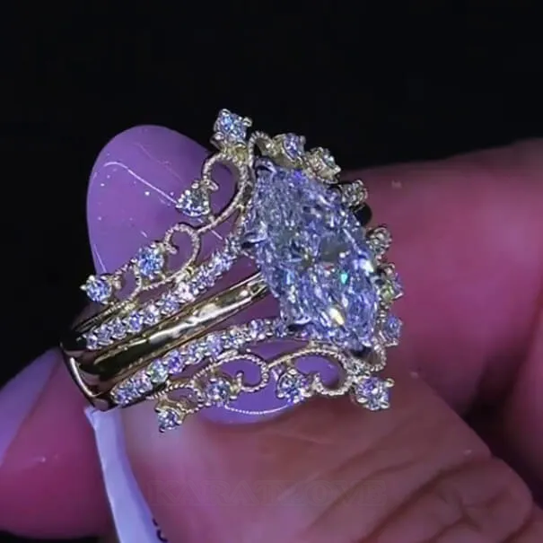 Marquise Cut Diamond White Yellow Gold Sterling Silver Insert Wedding Ring Set