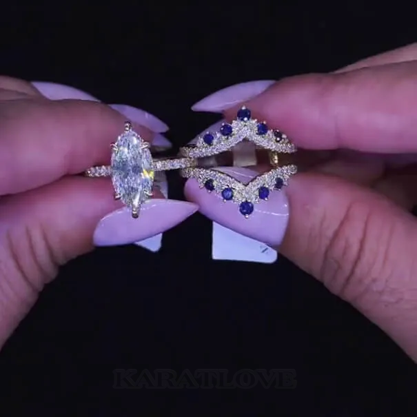 Marquise Cut Diamond White Sapphire Blue Yellow Gold Sterling Silver Insert Wedding Ring Set