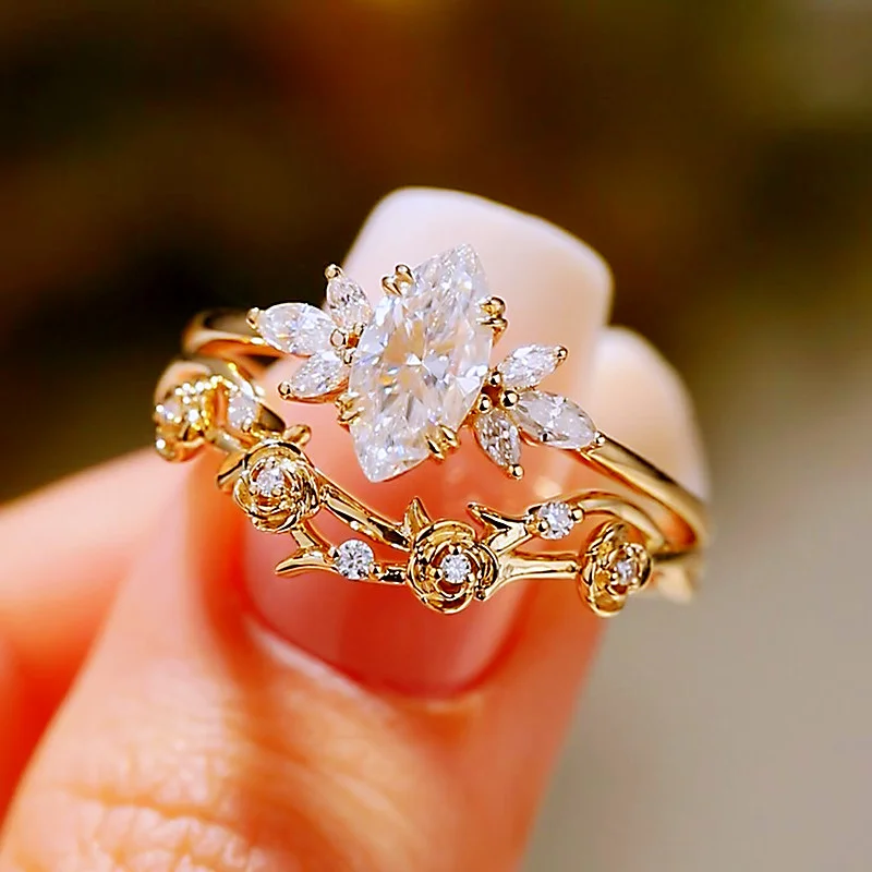 Marquise Cut Diamond White Sterling Silver Yellow Gold Bridal Sets Marquise Cut Diamond White Sterling Silver Yellow Gold Bridal Sets