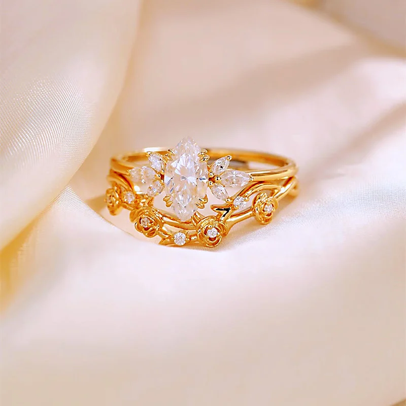 Marquise Cut Diamond White Sterling Silver Yellow Gold Bridal Sets