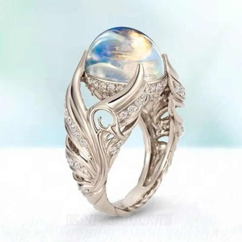 Angel Wings Moonstone Halo Engagement Ring in 925 Sterling Silver