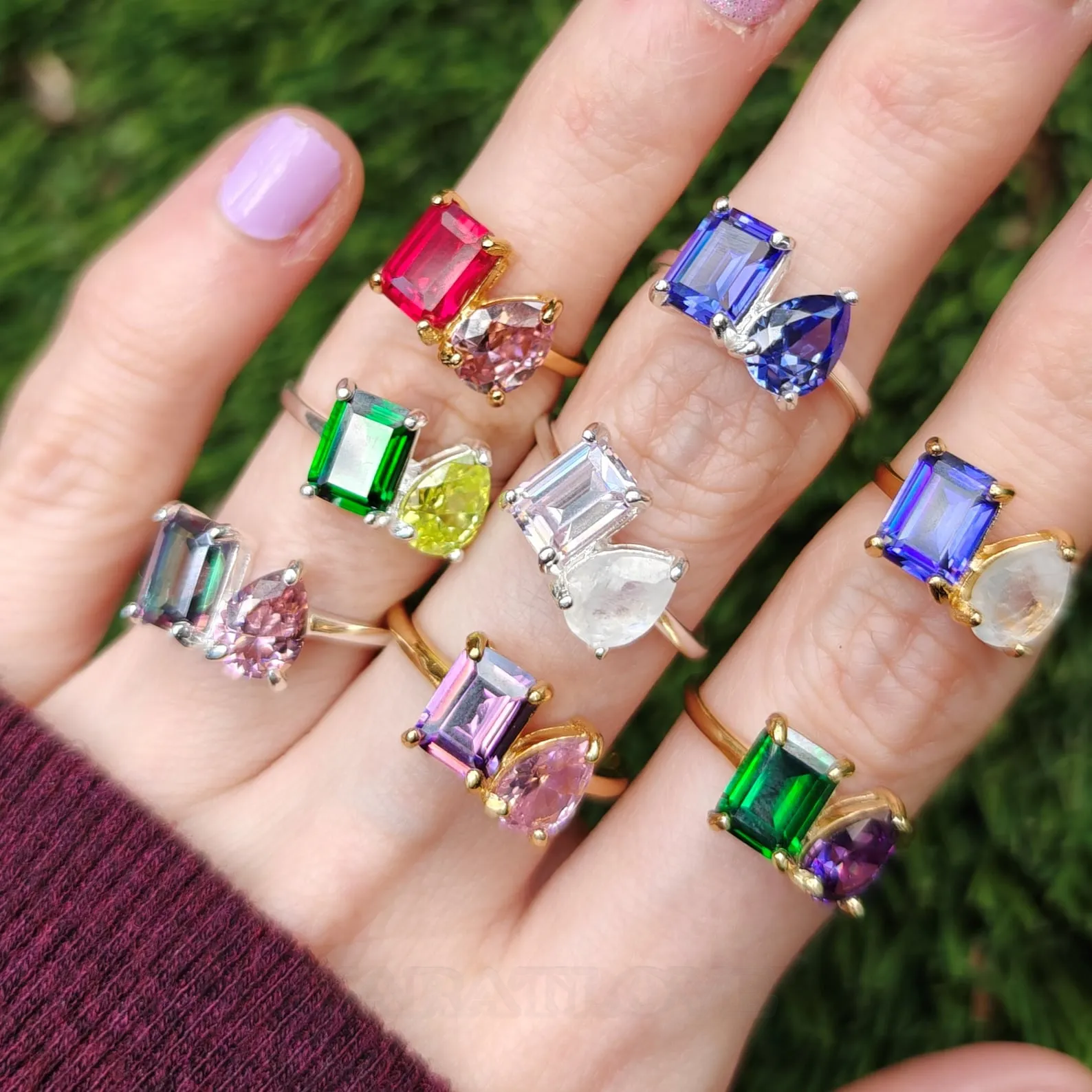 Pear and Emerald Cut Sterling Silver Two Stone Personalized Family Birthstone Mother Daughter Ring