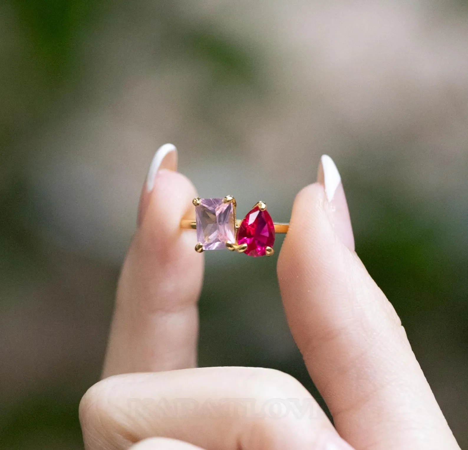 Pear and Emerald Cut Sterling Silver Two Stone Personalized Family Birthstone Mother Daughter Ring