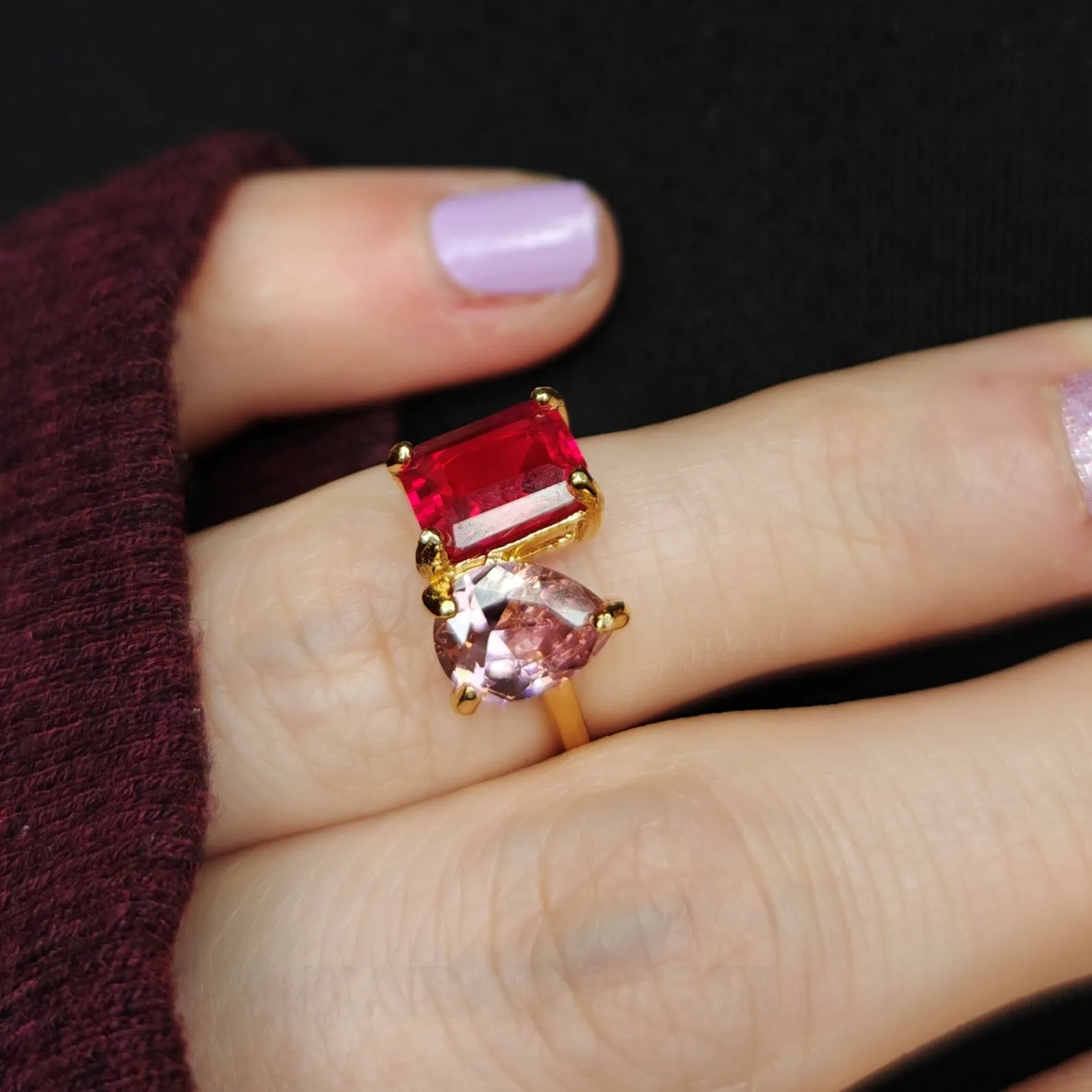 Pear and Emerald Cut Sterling Silver Two Stone Personalized Family Birthstone Mother Daughter Ring