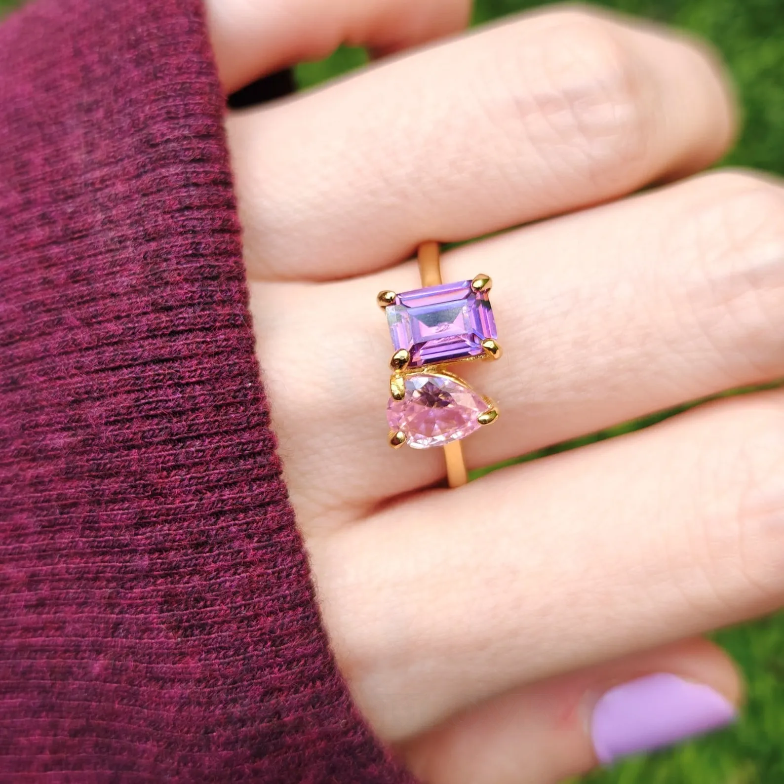Pear and Emerald Cut Sterling Silver Two Stone Personalized Family Birthstone Mother Daughter Ring