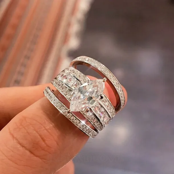 Marquise Cut Diamond White 925 Sterling Silver 3-Piece Bridal Sets
