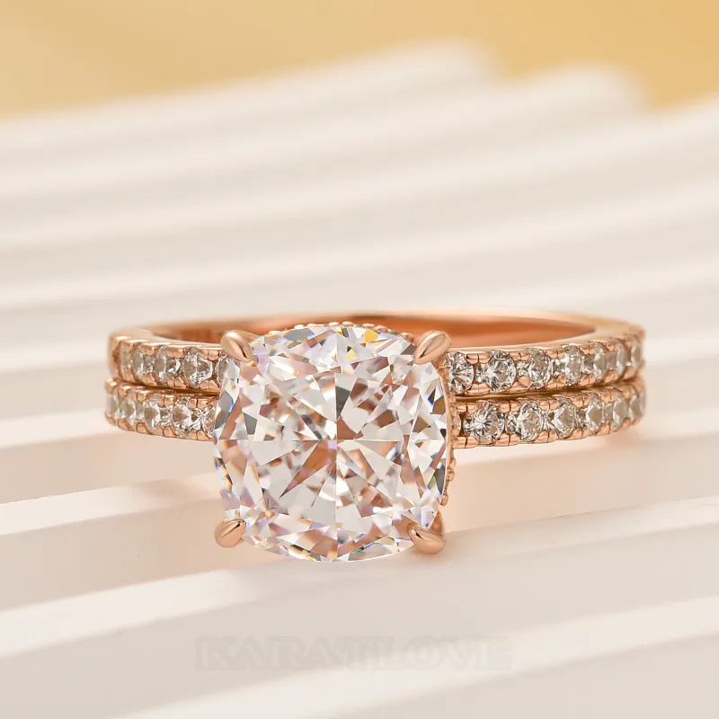 Cushion Cut Diamond White Sterling Silver Halo Ring Set