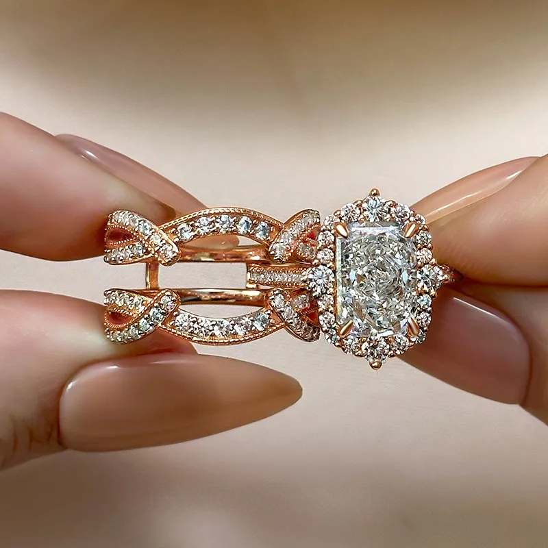 Radiant Cut Diamond White Sterling Silver Insert Halo Ring Set