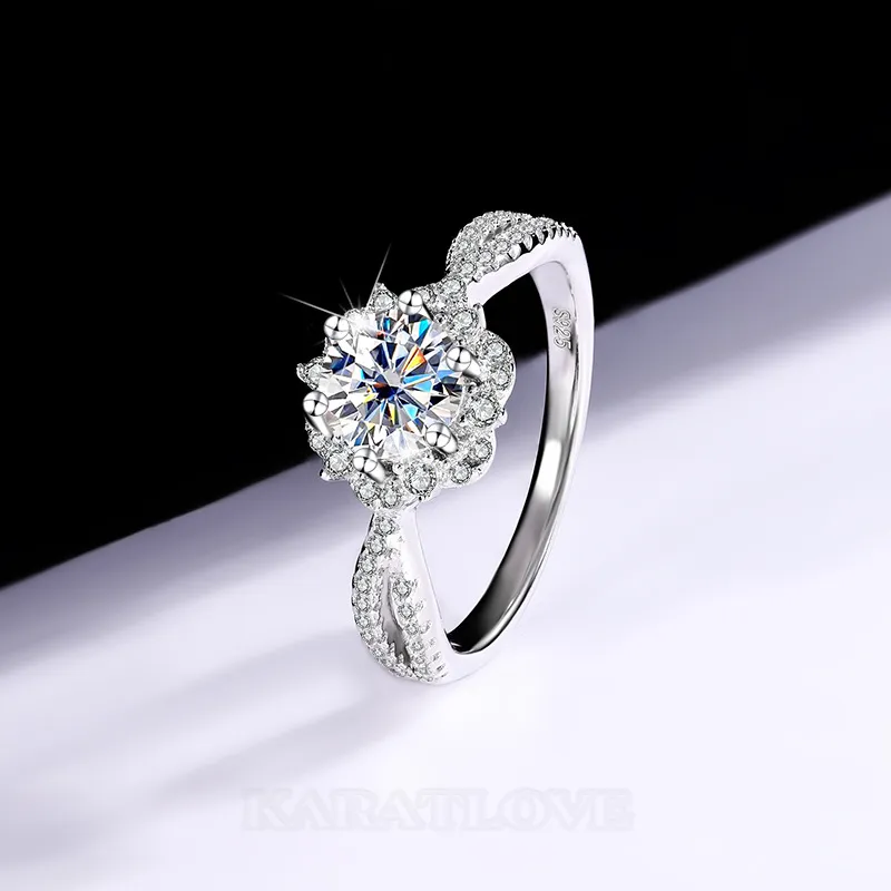 Round Cut Moissanite Diamond White 925 Sterling Silver Halo Engagement Ring