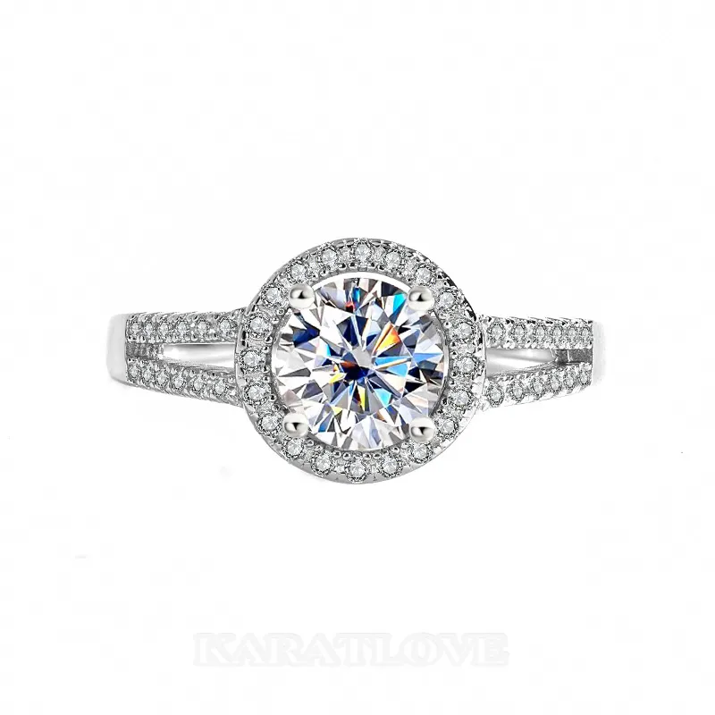 Round Cut Moissanite Diamond White 925 Sterling Silver Halo Engagement Ring