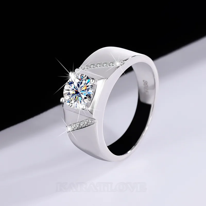 Round Cut Moissanite Diamond White 925 Sterling Silver Men's Ring