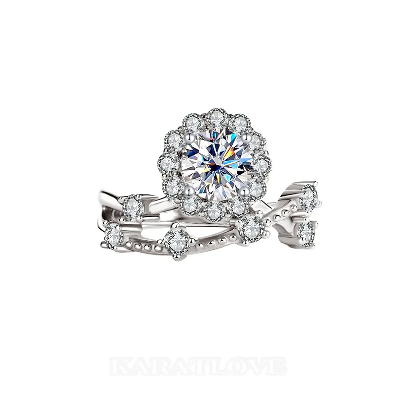 Round Cut Moissanite Diamond White 925 Sterling Silver Halo Engagement Ring