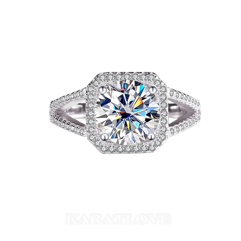 Round Cut Moissanite Diamond White 925 Sterling Silver Halo Engagement Ring