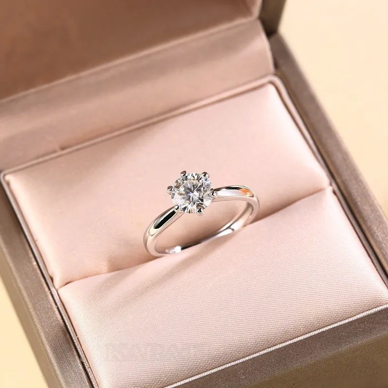 Round Cut Moissanite Diamond White 925 Sterling Silver Adjustable Size Solitaire Engagement Ring