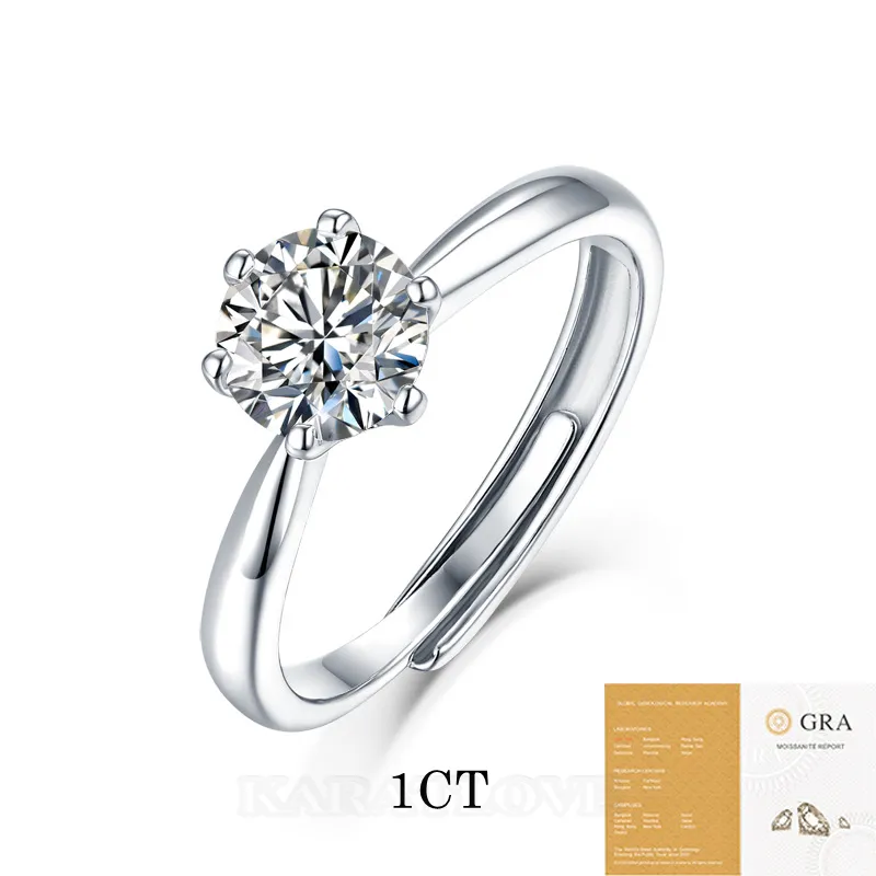 Round Cut Moissanite Diamond White 925 Sterling Silver Adjustable Size Solitaire Engagement Ring